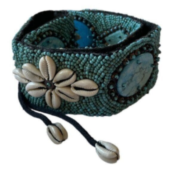 Turquoise Tribal Handmade Beaded African Cowrie Shell Tie Belt 32" - Picture 7 of 9